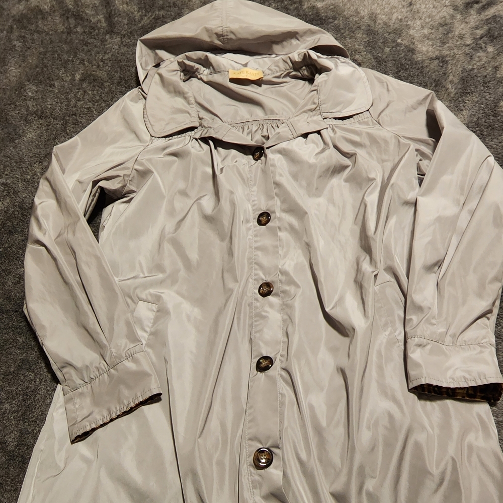 Vintage Kate Kasin Light Weight Button Up Gray Coat, Hooded, Womens Size S